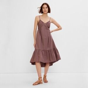 Gap | Deep V-Neck Cami Tiered Midi Dress Smocked Back Mauve Brown Cotton Size M